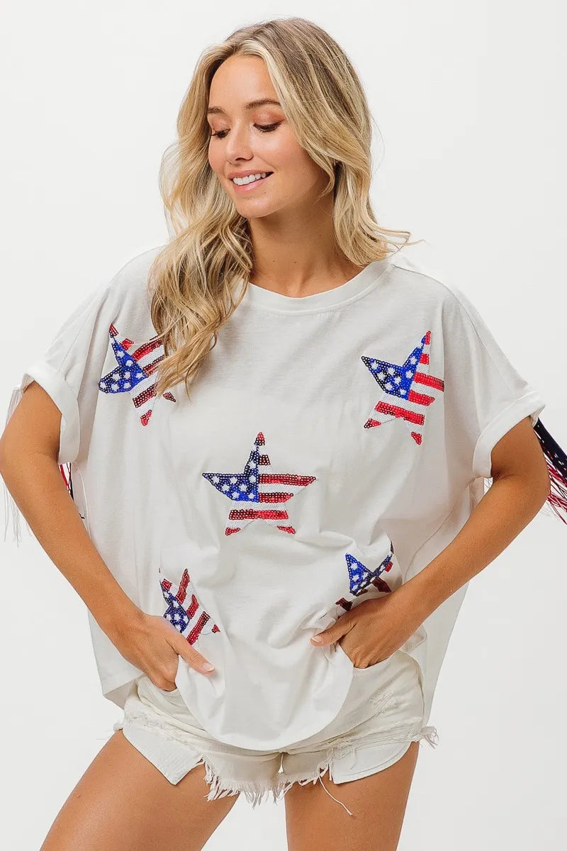 Image of BiBi American Flag Sequin Star Fringe Top | Queeble.shop