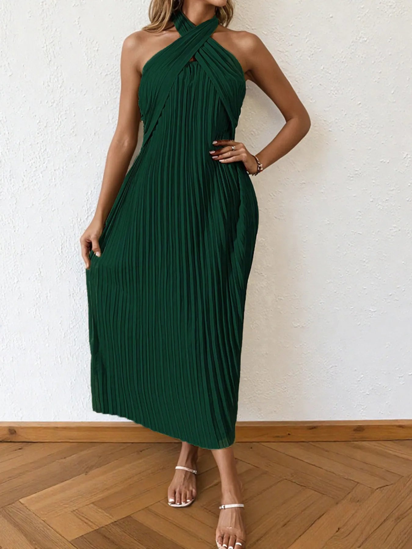 Image of Pleated Halter Neck Midi Dress | Queeble.shop