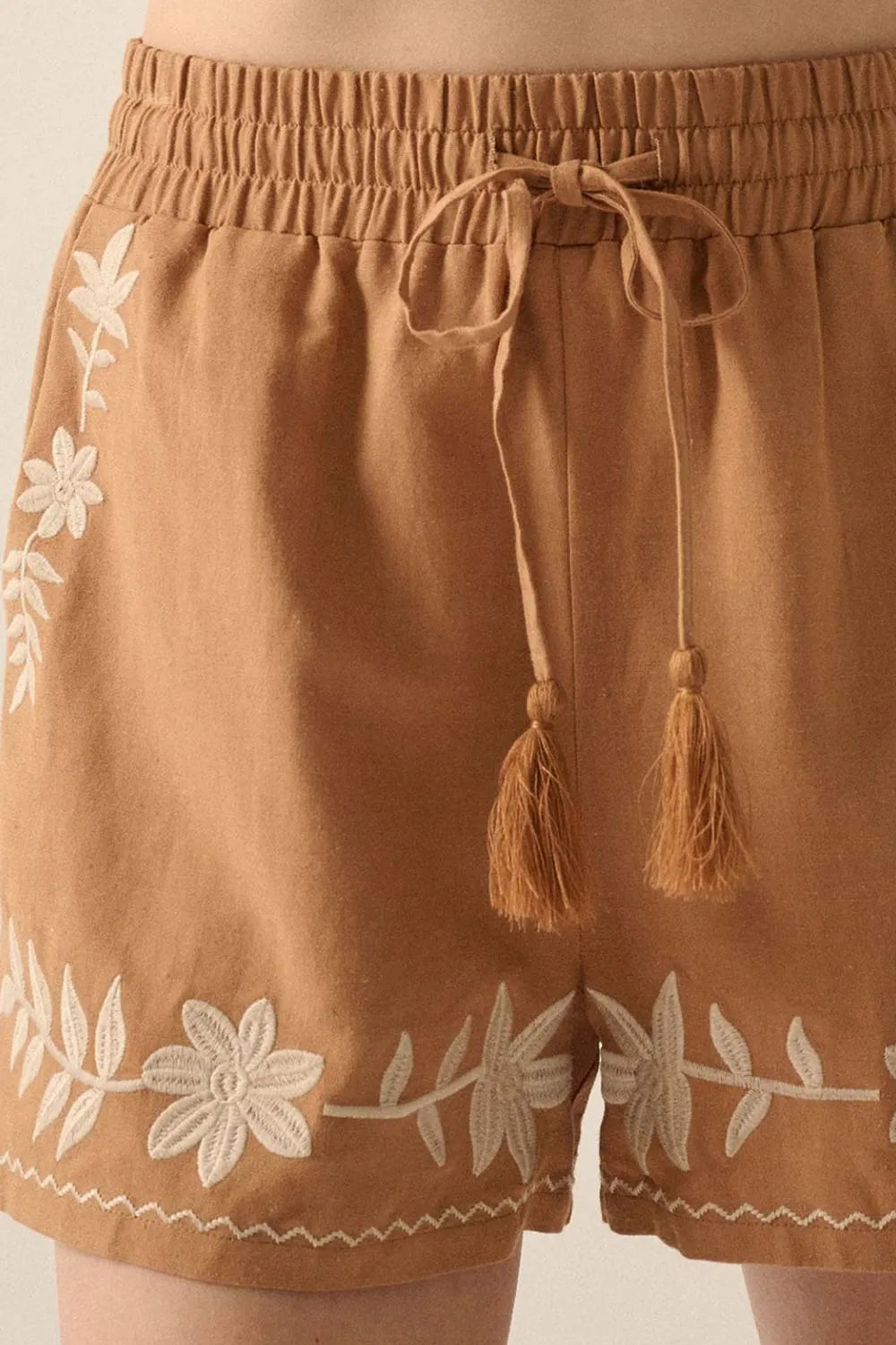 Image of Embroidered Boho Tasseled Drawstring Elastic Waist Casual Shorts | Queeble.shop