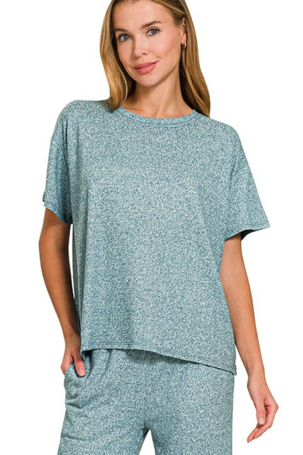 Image of Zenana Soft Melange Short Sleeve Tee & Long Pants Set | Queeble.shop
