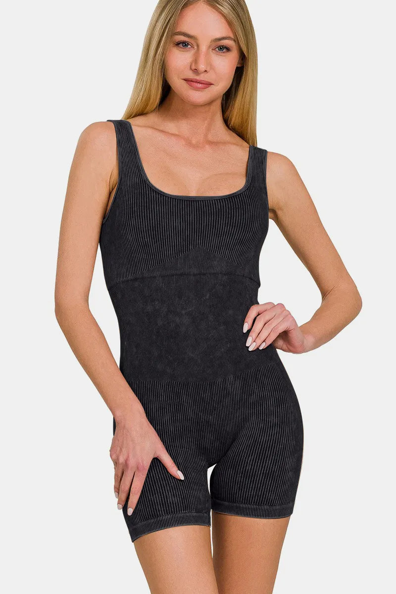 Image of Zenana Washed Ribbed Romper with Pad | Queeble.shop