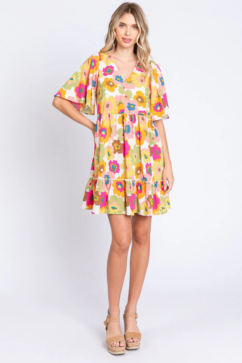 Image of GeeGee Floral V-Neck Ruffle Hem Mini Dress | Queeble.shop