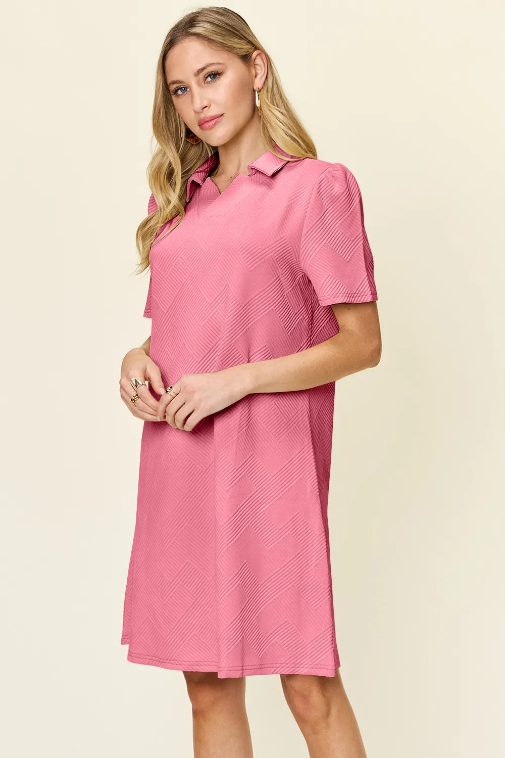 Image of Double Take Full Size Texture Collared Neck Short Sleeve Dress | Queeble.shop