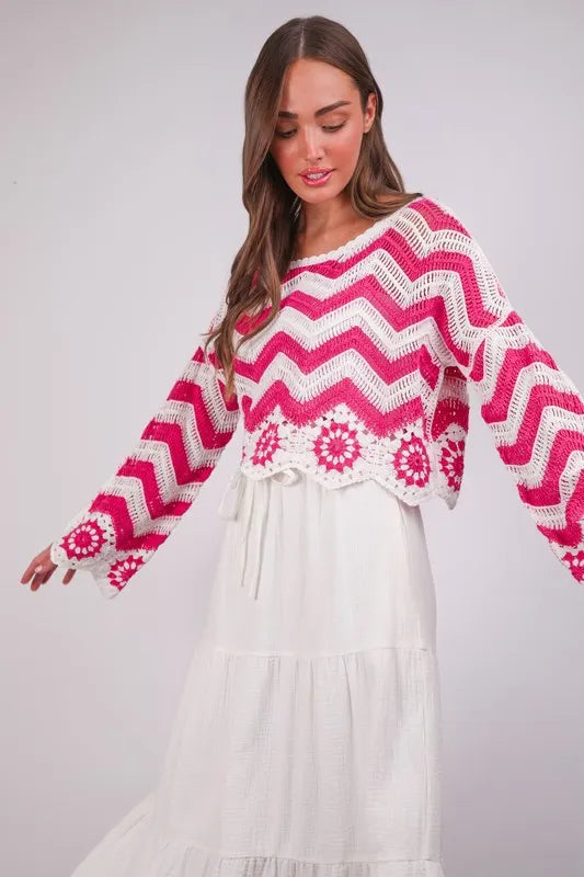 Image of VERY J Chevron/Floral Pattern Crochet Knit Top | Queeble.shop