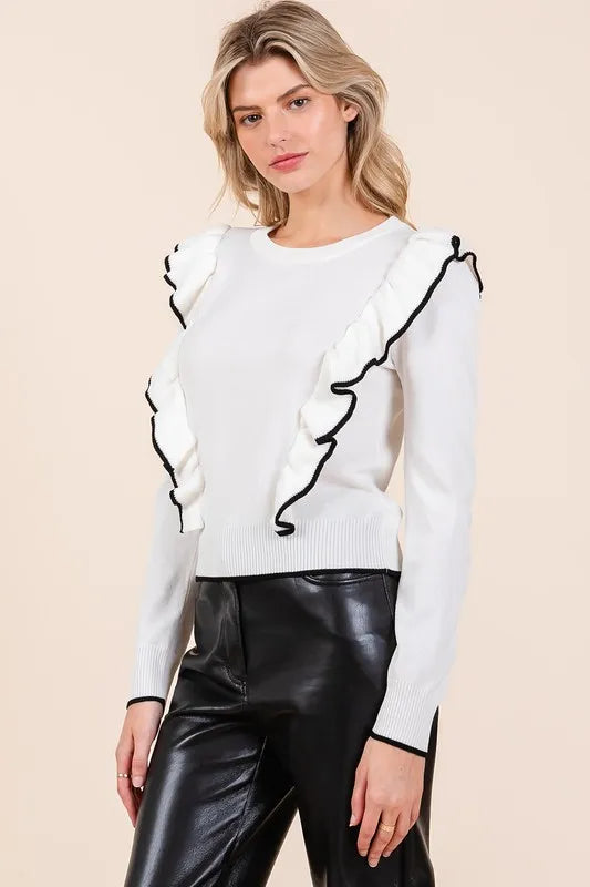 Image of Mittoshop Contrast Trim Ruffled Round Neck Knit Top | Queeble.shop