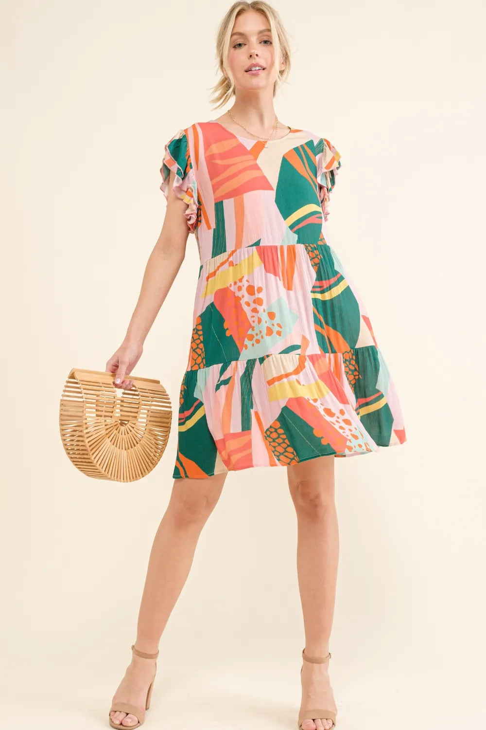 Image of And The Why Printed Double Ruffle Sleeve Dress | Queeble.shop