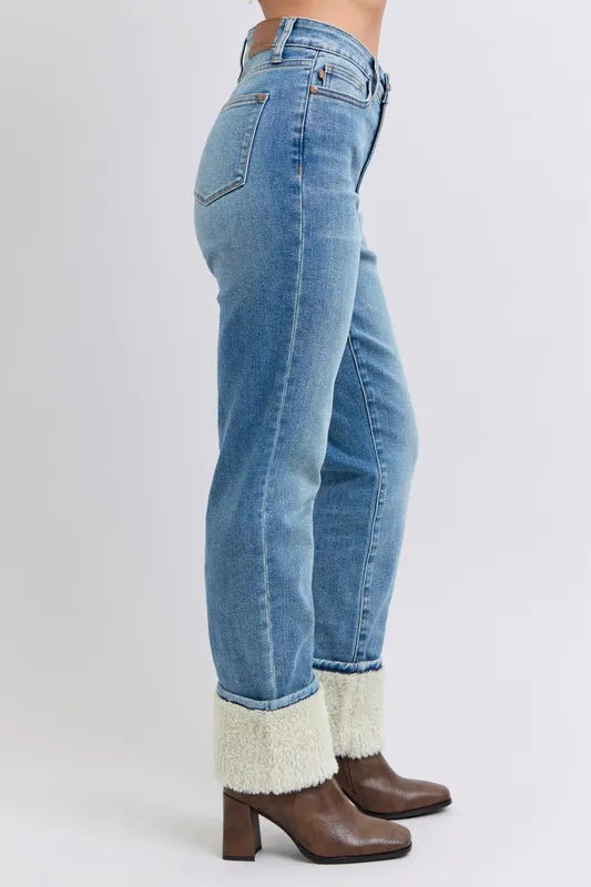 Image of Judy Blue Full Size High Waist Shearling Cuff Straight Plus Size | Queeble.shop