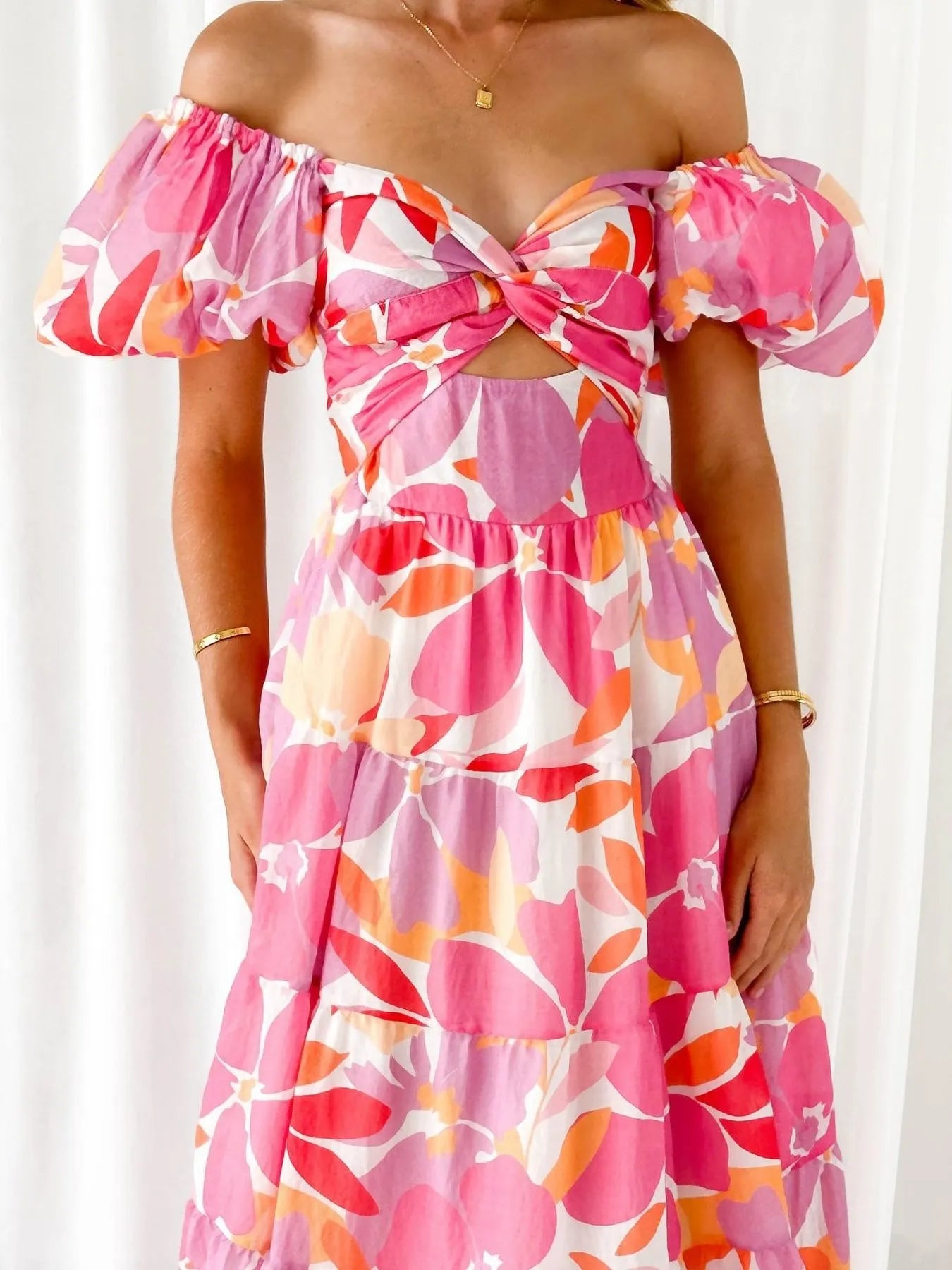 Image of Off-Shoulder Floral Tiered Dress with Ruffle Details | Queeble.shop