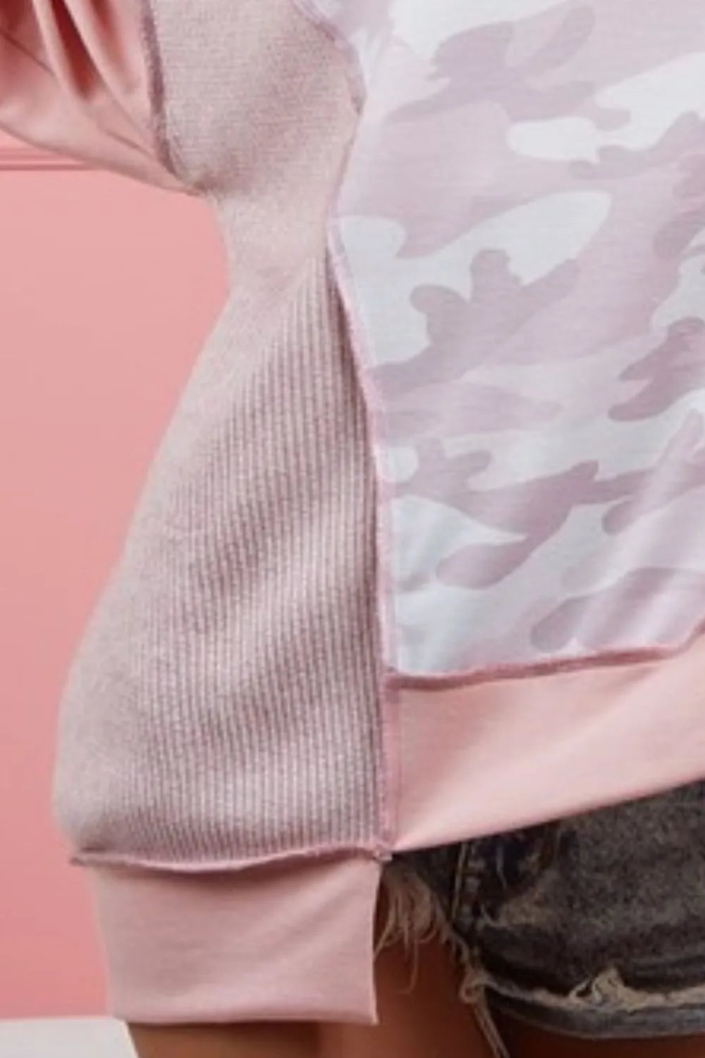 Image of BiBi Camo Printed French Terry Knit Color Block Top | Queeble.shop