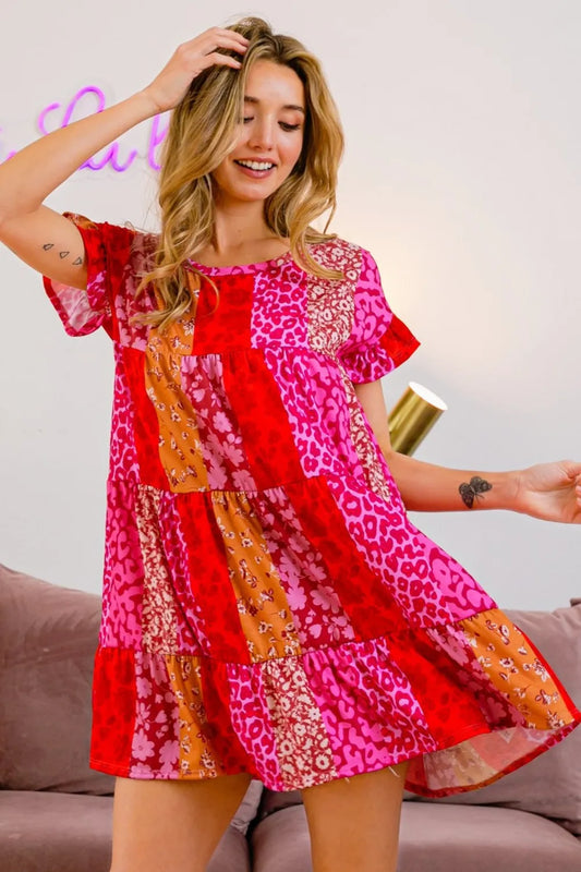Image of BiBi Leopard Short Sleeve Tiered Dress | Queeble.shop