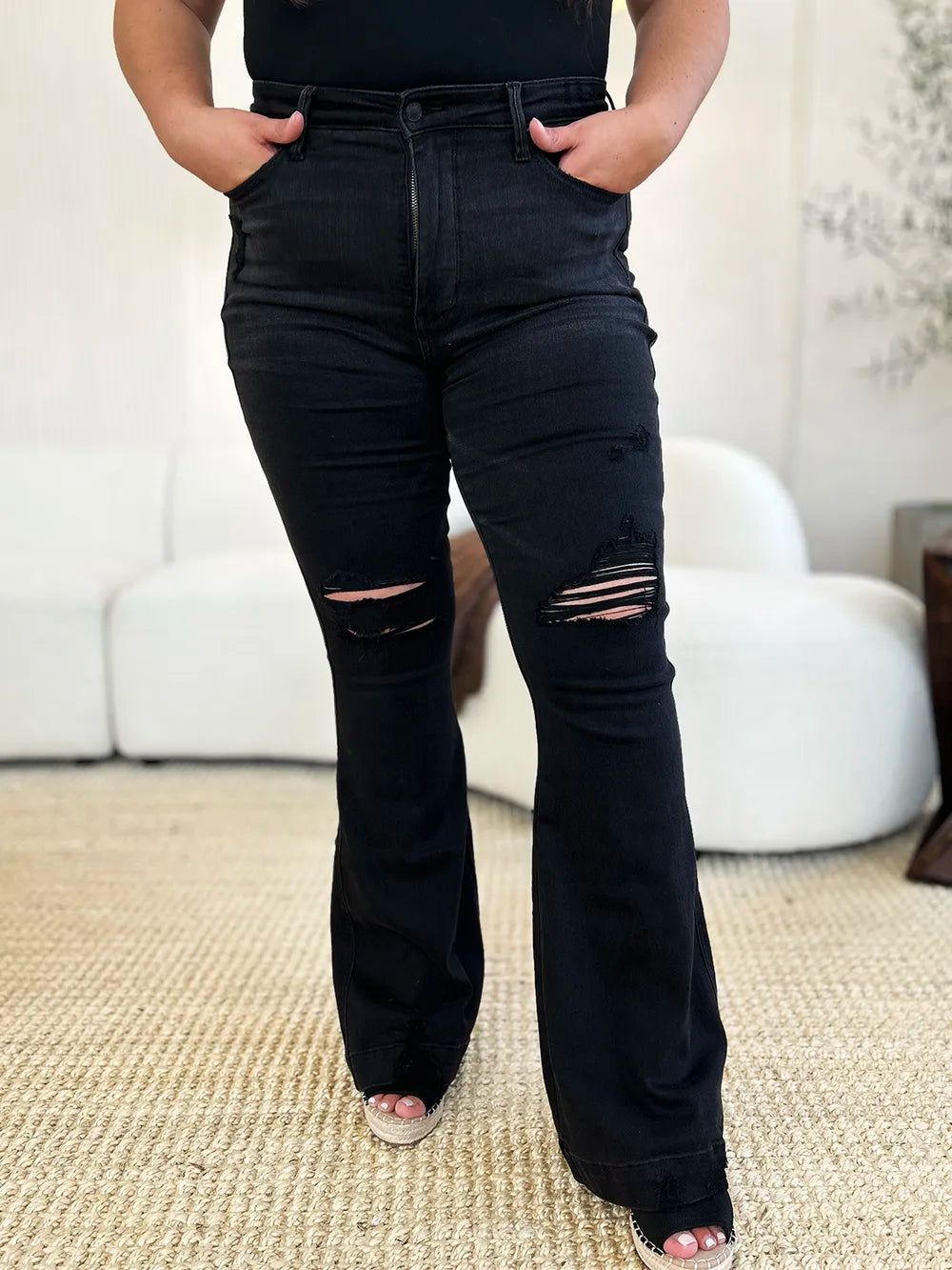 Image of Judy Blue Full Size High Waist Distressed Flare Jeans | Queeble.shop