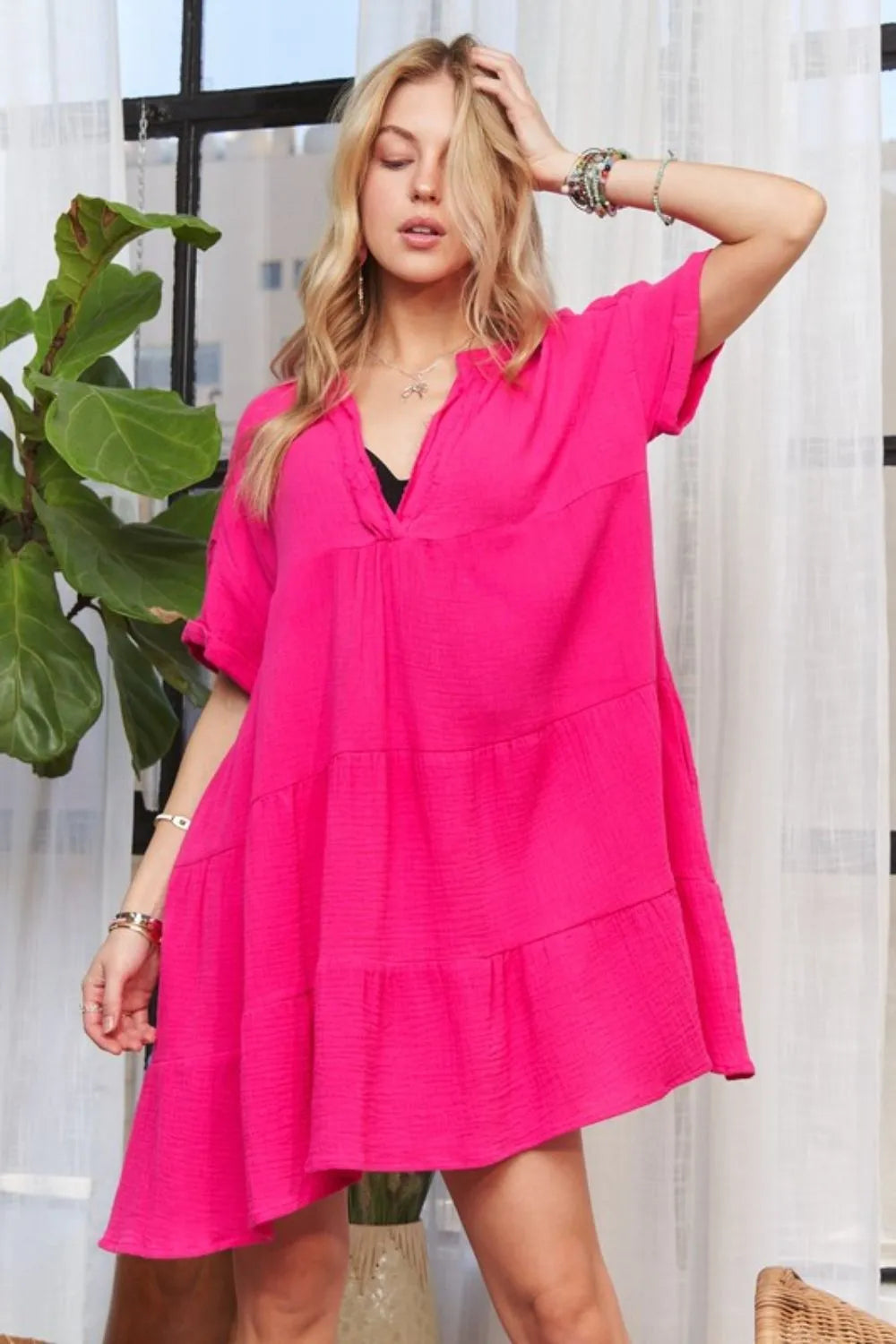 Image of ADORA Tiered Notched Short Sleeve Dress | Queeble.shop