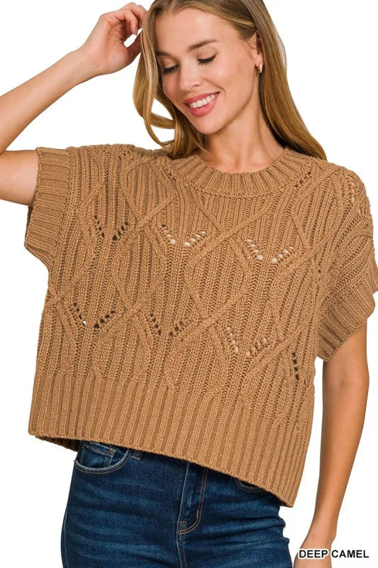 Image of Zenana Cable Knit Short Sleeve Sweater | Queeble.shop