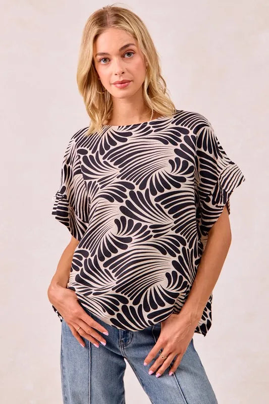 Image of BiBi Print Woven Ruffled Sleeves Top | Queeble.shop