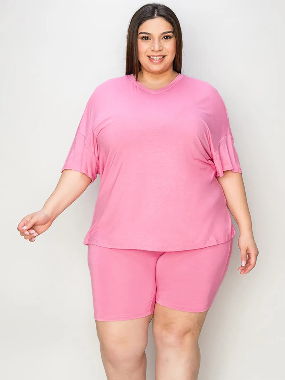 Image of Basic Bae Full Size V-Neck Drop Shoulder T-Shirt and Shorts Set | Queeble.shop