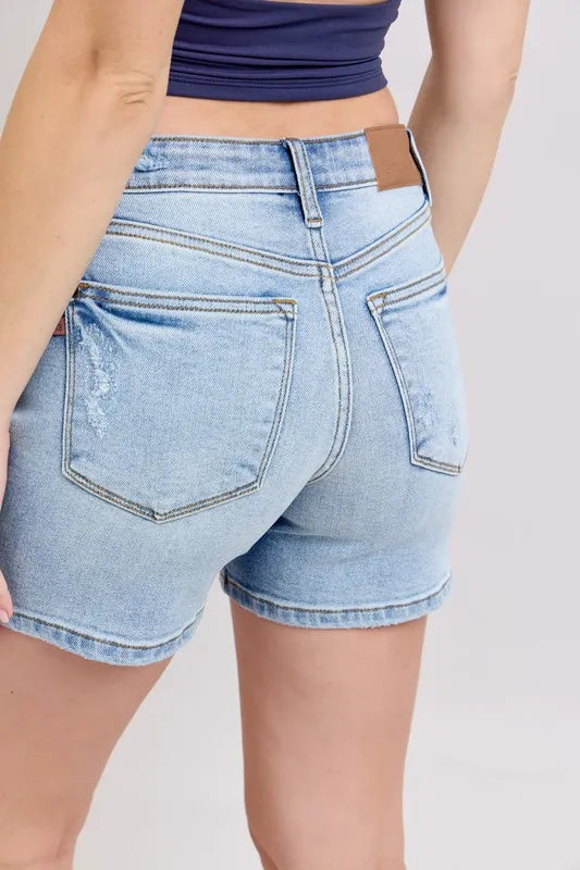 Image of Judy Blue Full Size Mid Rise Washed Denim Shorts Plus Size | Queeble.shop