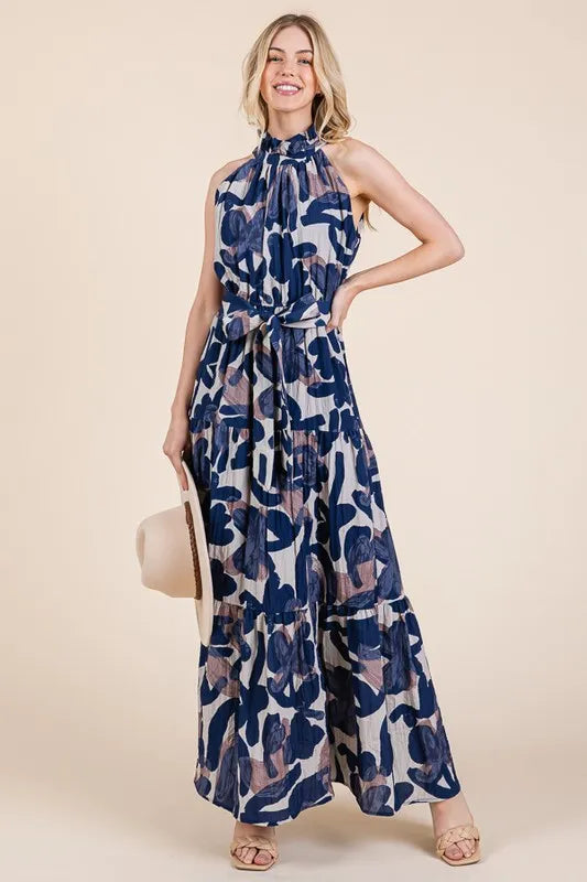 Image of Lime 'N' Chili Abstract Halter Neck Tie-Waist Tiered Maxi Dress | Queeble.shop