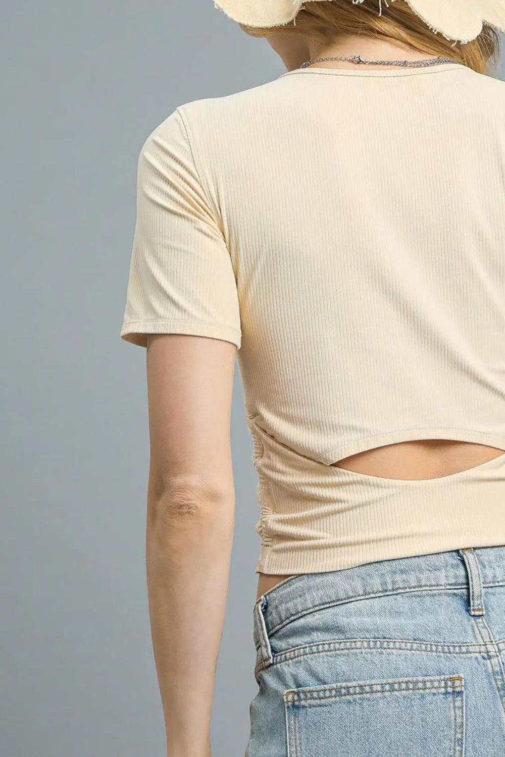 Image of Umgee Ruched Round Neck Short Sleeve Crop T-Shirt | Queeble.shop