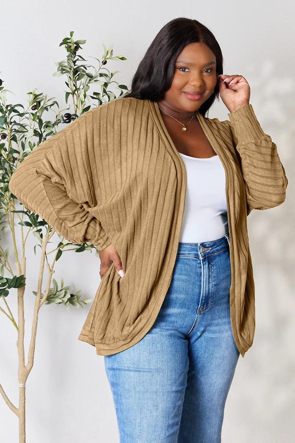 Image of Basic Bae Full Size Ribbed Cocoon Cardigan | Queeble.shop