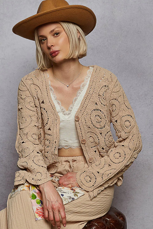 Image of POL Button Down V-Neck Crochet Cardigan | Queeble.shop