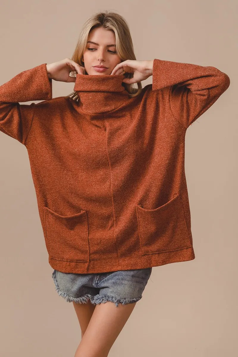 Image of BiBi Piper Rib Double Pocket Turtle Neck Sweater | Queeble.shop