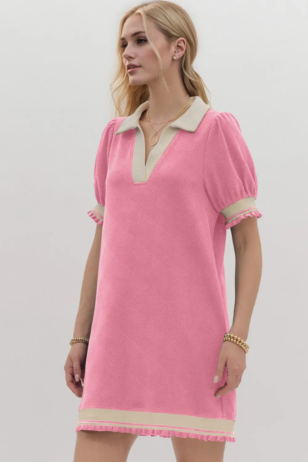 Image of Oh Frill Contrast Trim Johnny Collar Short Sleeve Mini Dress | Queeble.shop