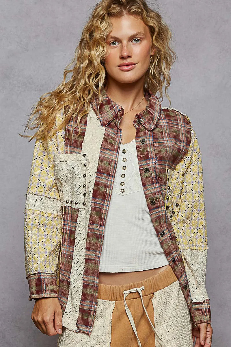 Image of POL Studded Contrast Plaid Long Sleeve Shirt | Queeble.shop