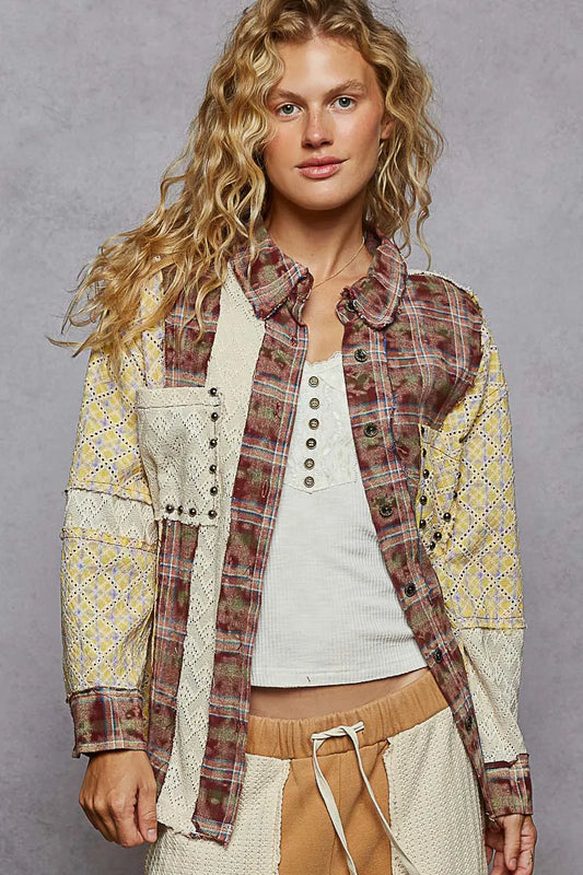 Image of POL Studded Contrast Plaid Long Sleeve Shirt | Queeble.shop
