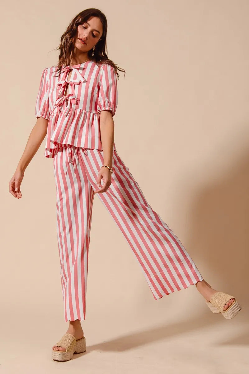 Image of SO ME Front Tie Stripe Top With Puff Sleeves and Wide Leg Pants Set | Queeble.shop