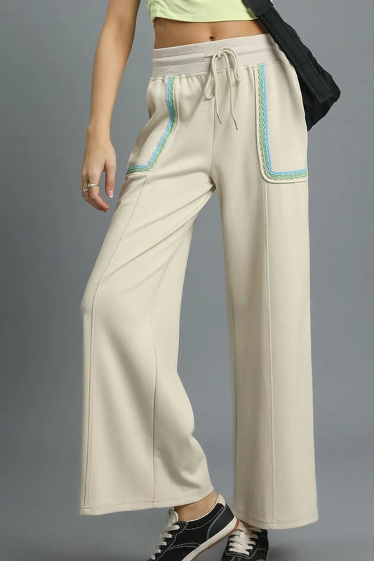 Image of Umgee Drawstring Wide Leg Pants with Scallop Trim Detail | Queeble.shop