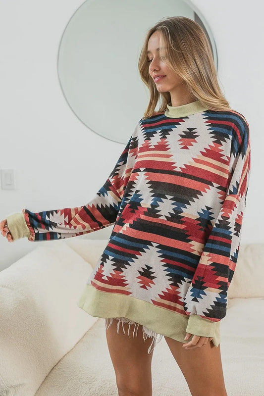 Image of BiBi Aztec Print Mirr Mock Neck Lslv Top | Queeble.shop