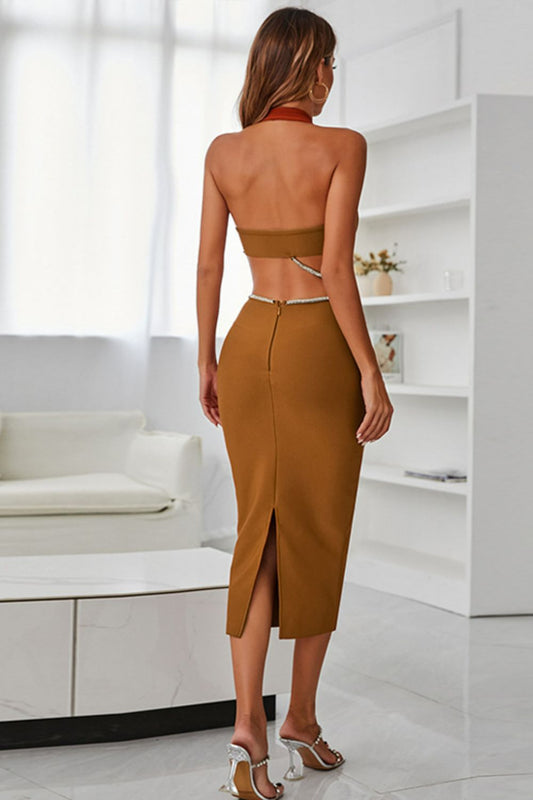 Image of Rhinestone Halter Neck Cutout Slit Midi Dress | Queeble.shop
