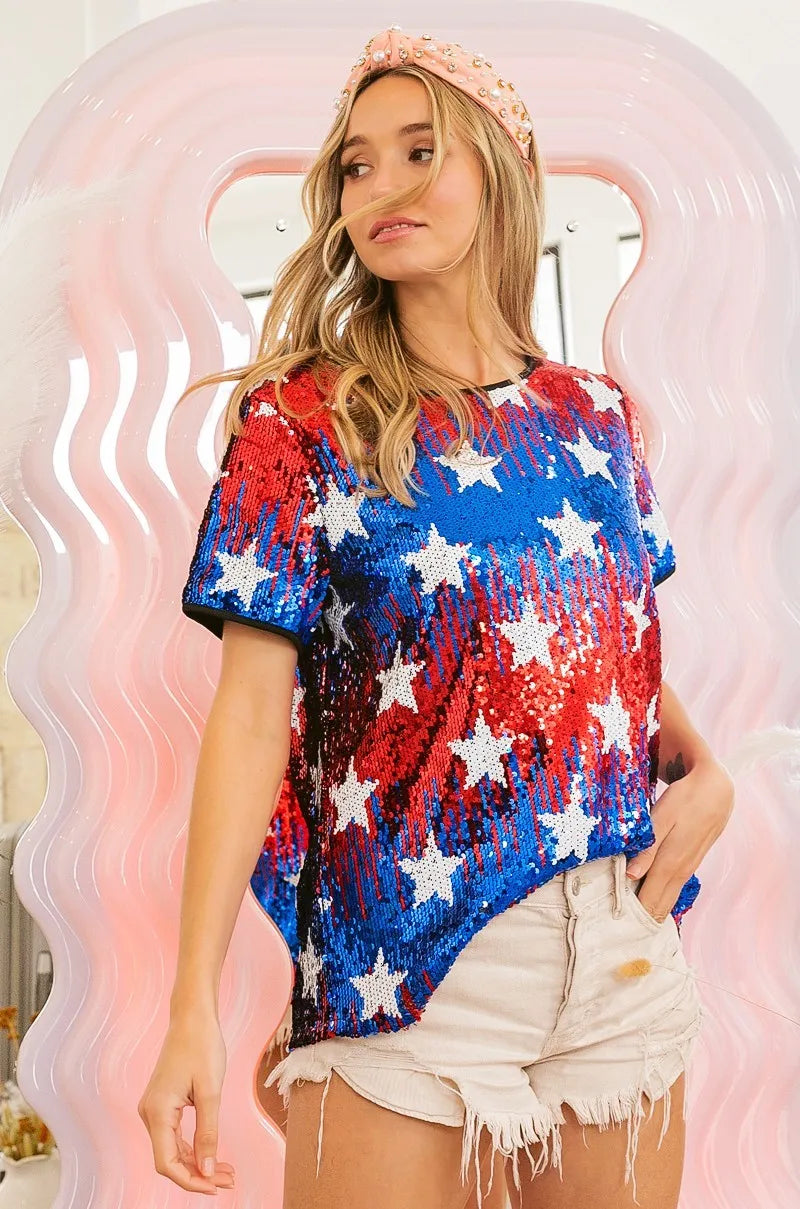 Image of BiBi American Theme Star Pattern Sequin Top | Queeble.shop