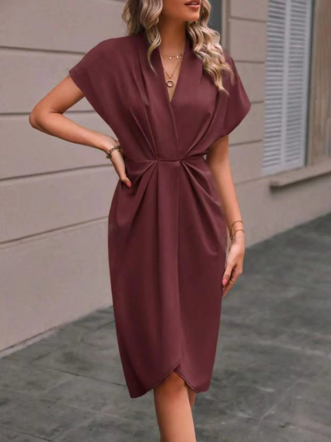 Image of Ruched Surplice Short Sleeve Dress | Queeble.shop