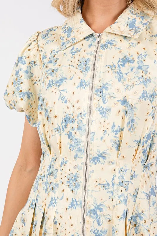 Image of GeeGee Floral Eyelet Zipper Front Puff Sleeve Mini Dress | Queeble.shop