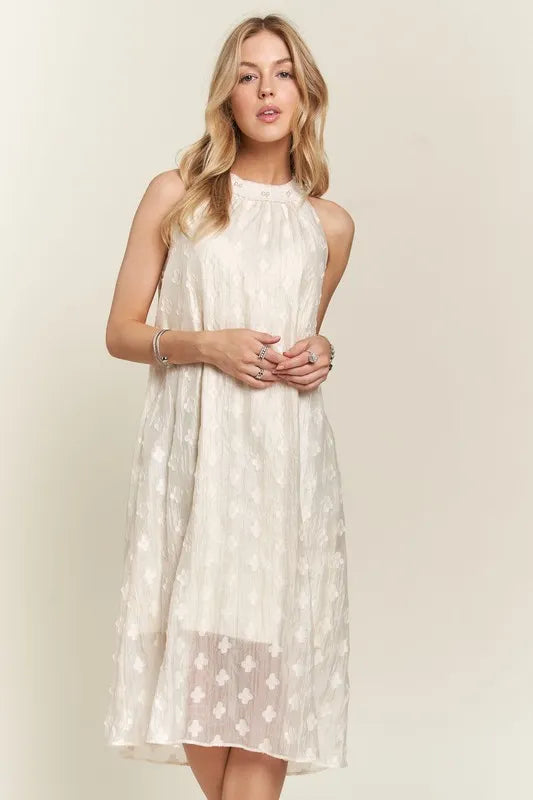 Image of ADORA Applique Pearl Detail Grecian Neck Midi Dress | Queeble.shop