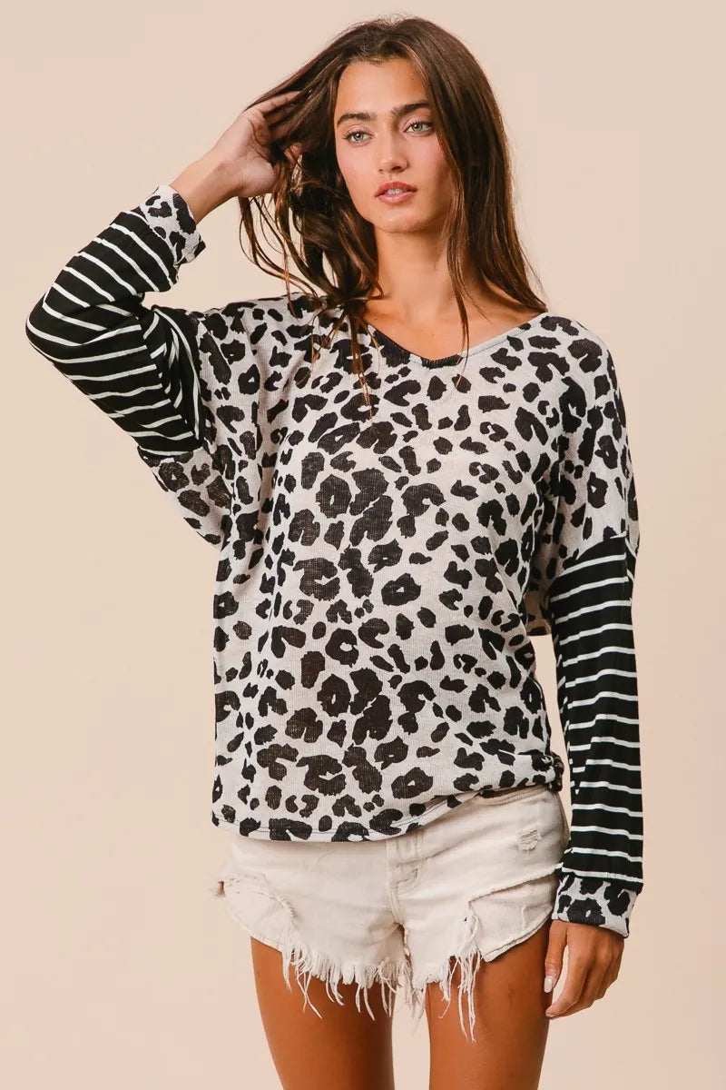 Image of BiBi Leopard Hacci Knit Twist Back Top With Stripe Sleeve | Queeble.shop