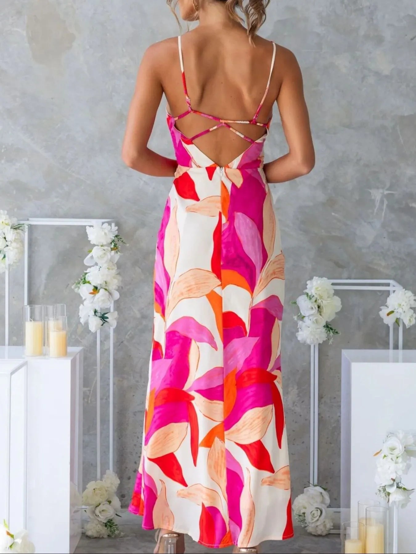 Image of Printed Backless Sleeveless Maxi Dress | Queeble.shop