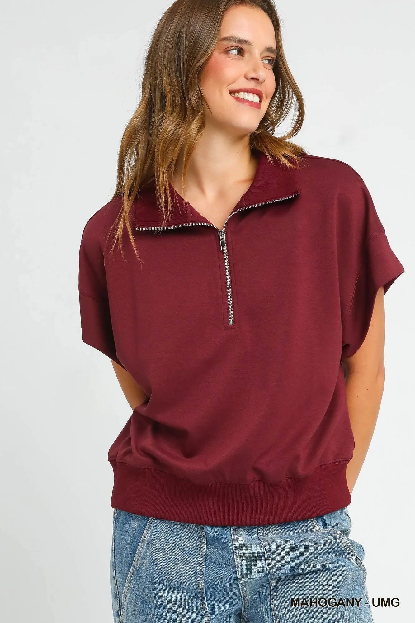 Image of Umgee Full Size Half-Zip Short Sleeve Top Plus Size | Queeble.shop