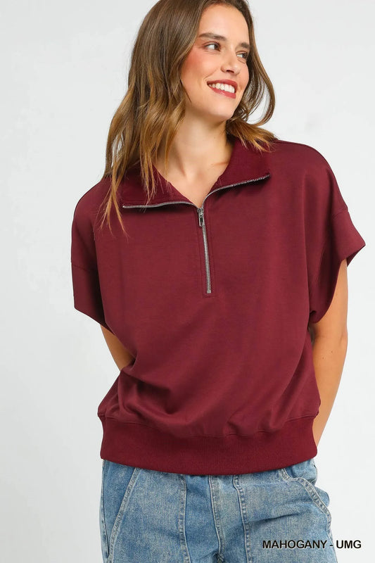 Image of Umgee Full Size Half-Zip Short Sleeve Top Plus Size | Queeble.shop