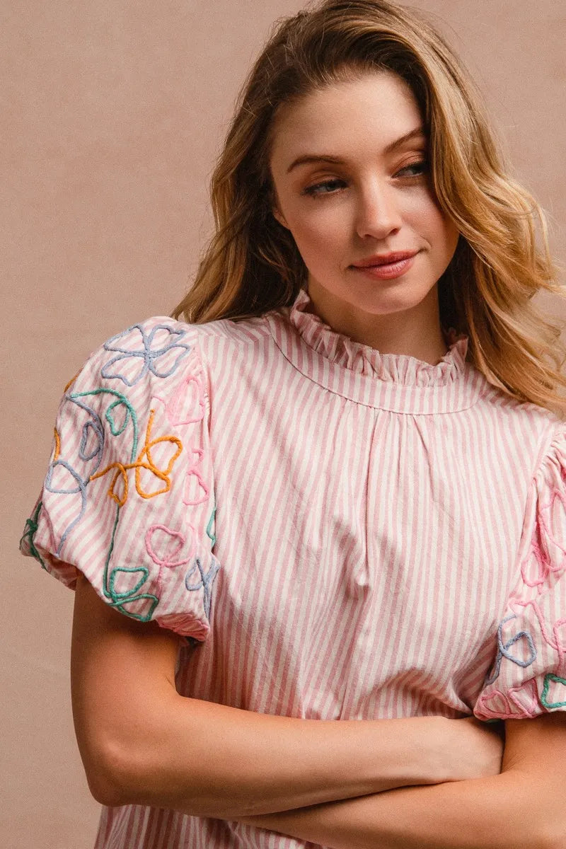 Image of BiBi Embroidery Bubble Sleeve Top With Bottom Scallop Detail | Queeble.shop