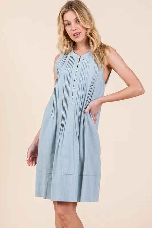 Image of Lime 'N' Chili Denim Pintuck Detail Sleeveless Midi Dress | Queeble.shop