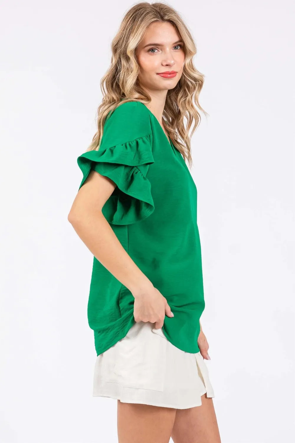 Image of GeeGee Ruffled Short Sleeve V-Neck Blouse | Queeble.shop