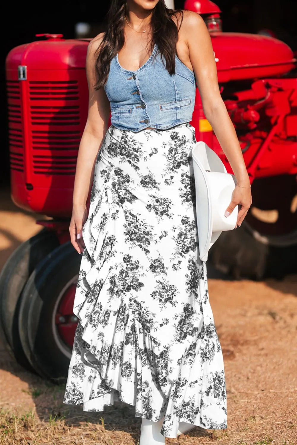 Image of Boho Floral High Waist Ruffle Split Maxi Skirt | Queeble.shop