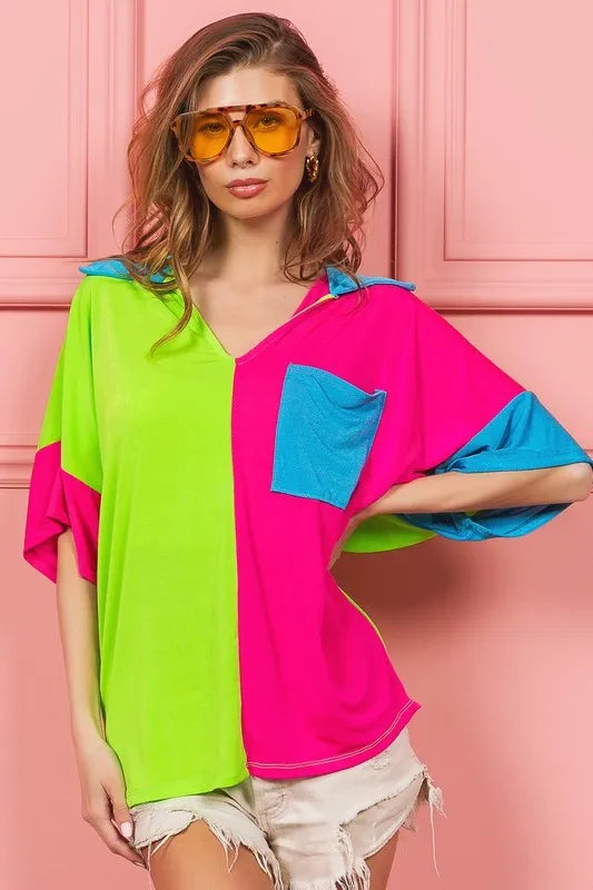 Image of BiBi Slinky Knit Color Block V Neck Front Top | Queeble.shop