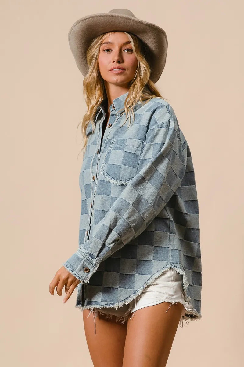 Image of BiBi Frayed Edged Detail Washed Checker Denim Shirt | Queeble.shop