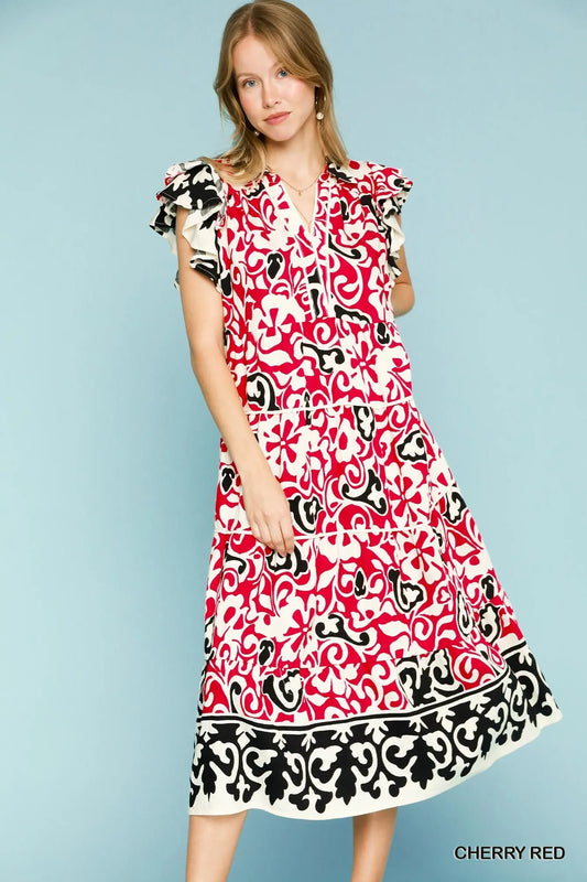 Image of Umgee Printed Ruffled Cap Sleeve Midi Dress | Queeble.shop