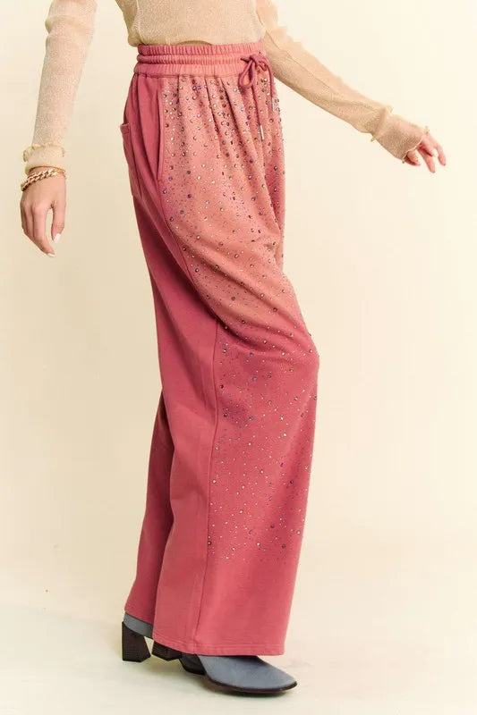 Image of Davi & Dani Rhinestone Drawstring Wide Leg Pants | Queeble.shop