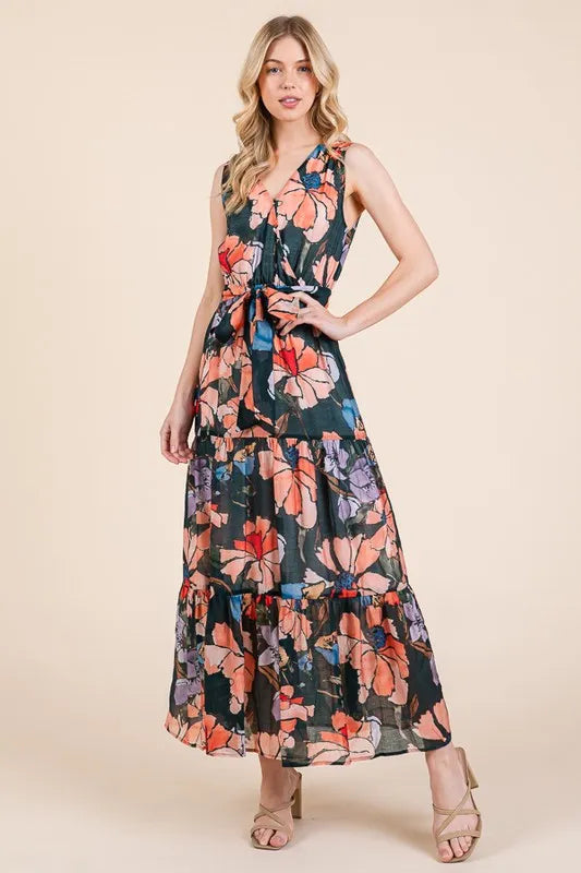 Image of Lime 'N' Chili Floral Print Sleeveless Tie Waist Maxi Dress | Queeble.shop