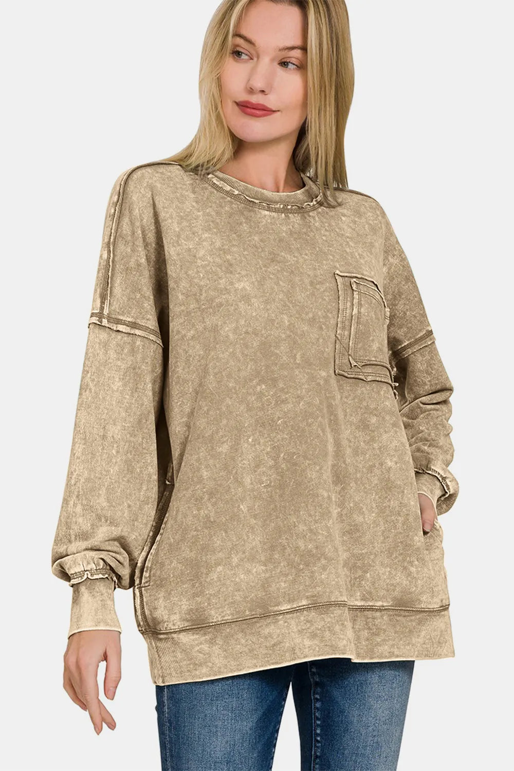 Image of Zenana Exposed Seam Round Neck Dropped Shoulder Sweatshirt | Queeble.shop